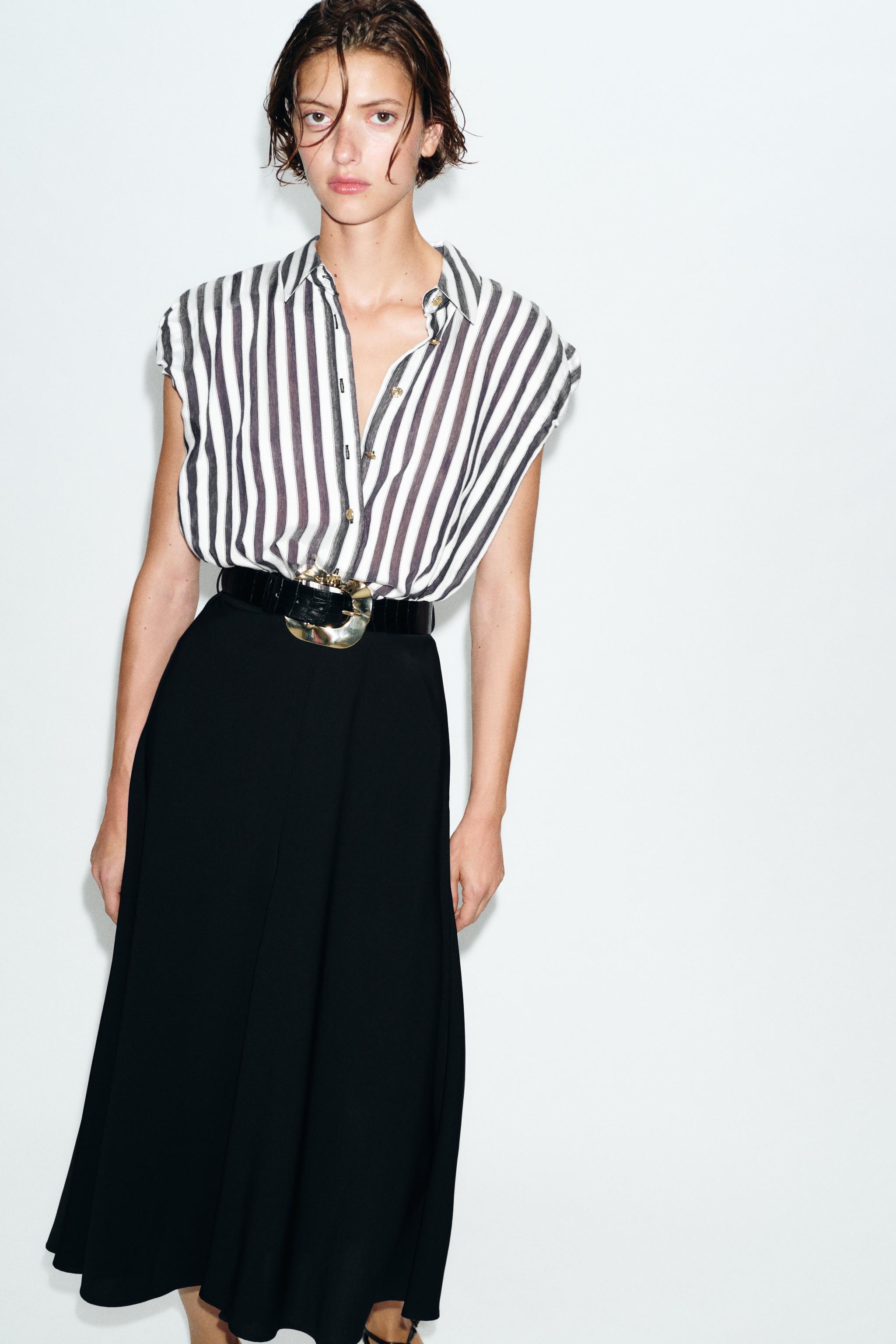COMBINED STRIPED BELTED MIDI DRESS