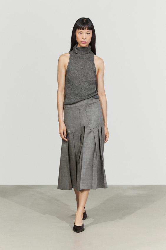 Zara 100% Wool Pleated Midi Skirt with Pocket Detail - Gray - Image 0