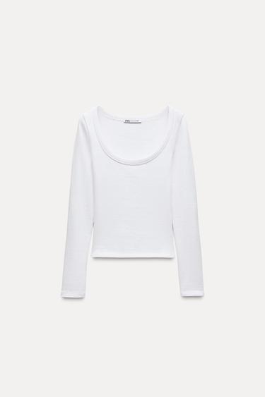 Zara LONG SLEEVE RIB T-SHIRT - White