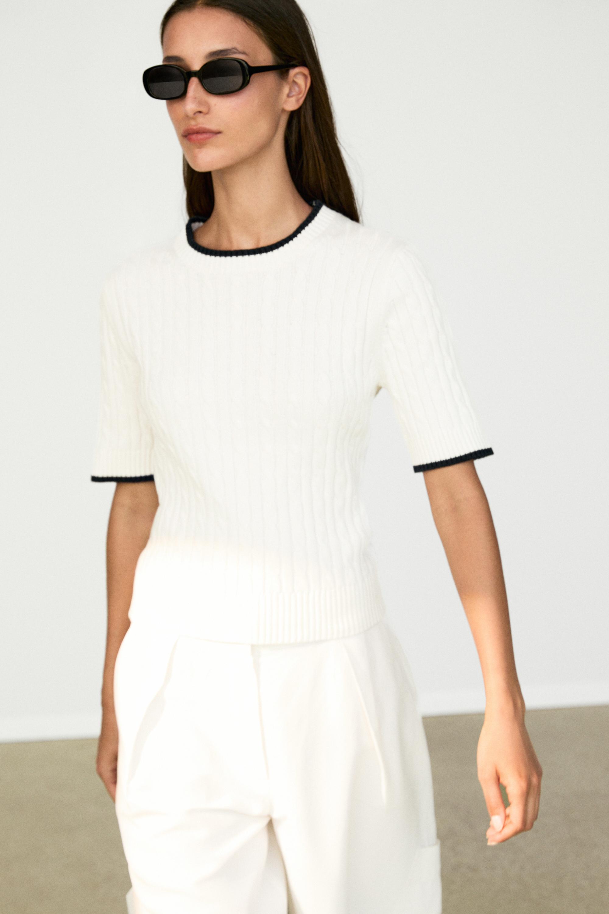 Short sleeve cable-knit sweater — White