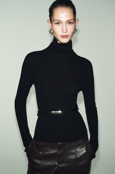 100% WOOL HIGH NECK JUMPER WITH BELT - Black by Zara
