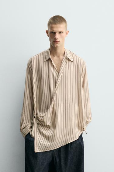 VISCOSE-SILK STRIPED WRAP SHIRT - Sand by Zara