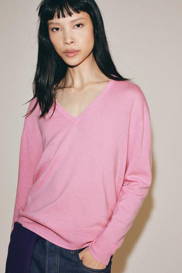 Zara EXTRA SOFT 100% WOOL V-NECK JUMPER - Pink