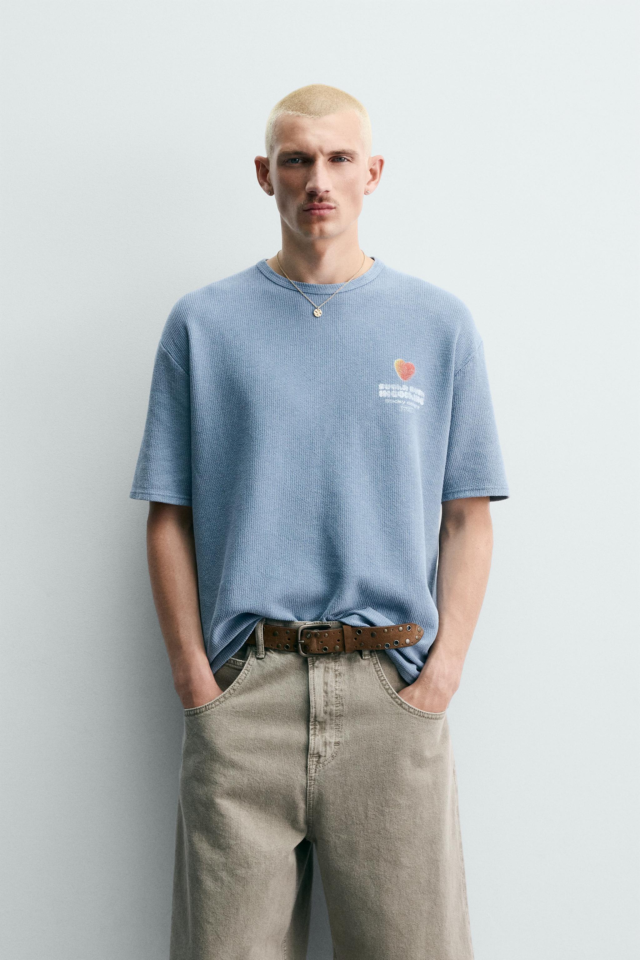 WASHED KNIT GUMMY PRINT T-SHIRT - Faded sky blue | ZARA Canada