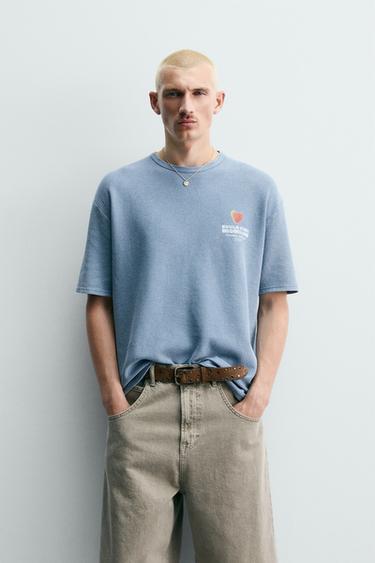 T-SHIRT EN MAILLE LAVÉE IMPRIMÉ BONBONS - Bleu ciel délavé de Zara - Image 1