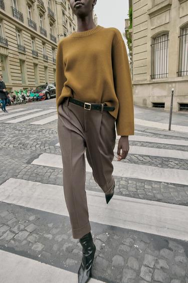 PANTALON AVEC REVERS ET CEINTURE - Marron chiné de Zara - Image 1