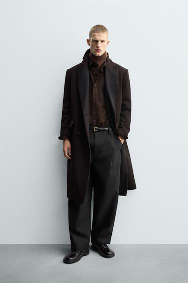 Zara 羊毛對比翻領大衣 - 深棕色 - 圖片 0