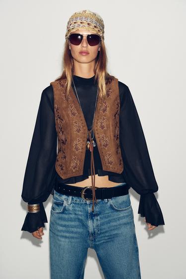Zara EMBROIDERED BEADED FAUX SUEDE VEST - Tobacco Brown