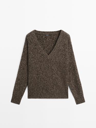 Zara Mouliné V-neck knit jumper - Chocolate