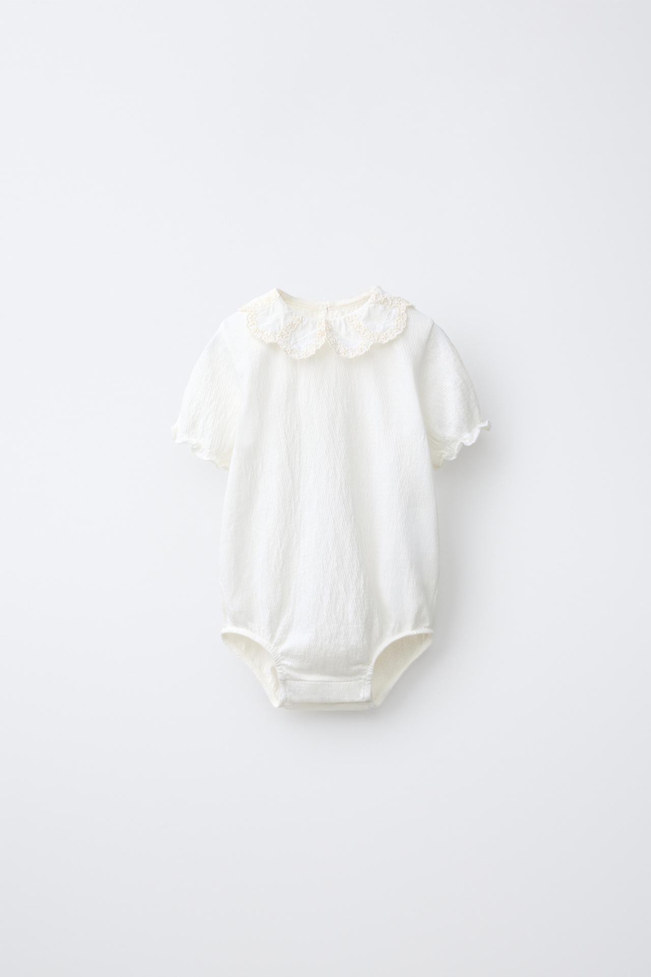 EMBROIDERED COLLAR BODYSUIT — Light ecru