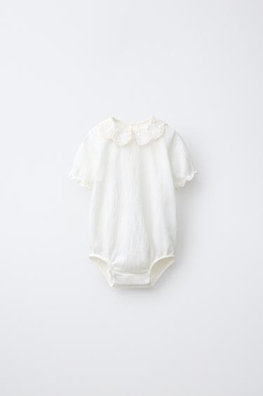 EMBROIDERED COLLAR BODYSUIT - Light ecru by Zara - Image 0