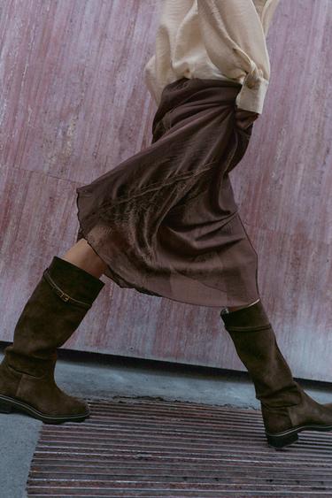 Zara LOW HEELED EQUESTRIAN SPLIT LEATHER BOOTS - Brown - Image 0
