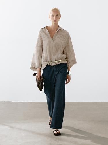 Zara Flowing linen blend blouse with open neckline - Beige