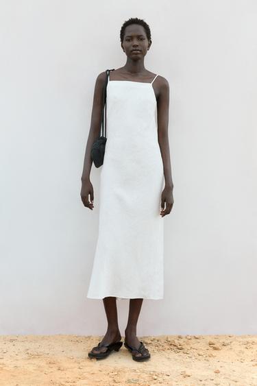 Vestido midi escote recto lino - Blanco de Zara - Imagen 0