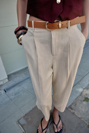 PANTALON AVEC LIN, PINCES ET CEINTURE - Beige clair de Zara - Image 4