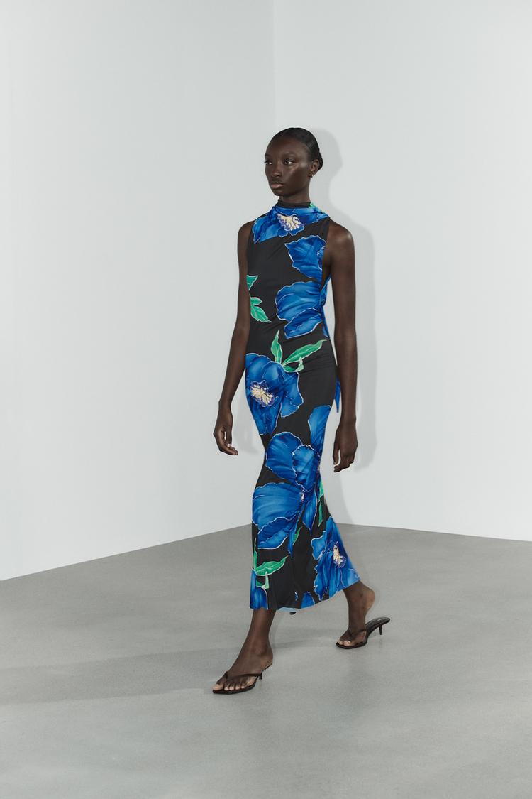 Flores Vestido Drapeado Estampado Zara Drapeado Vestido Azul Zara