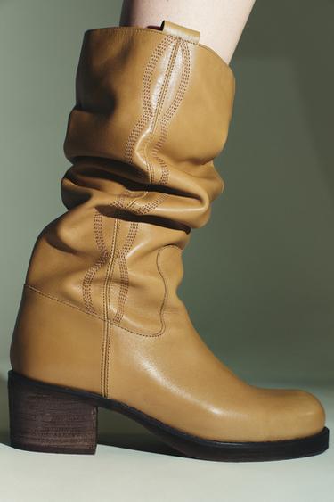LEATHER TOPSTITCHED BOOTS - Dark tan by Zara