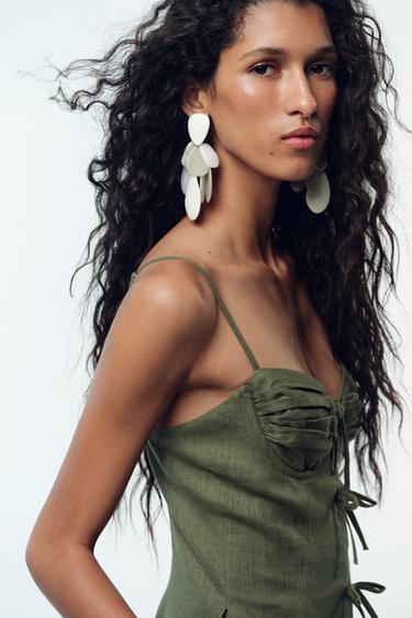 LINEN BLEND STRAPPY JUMPSUIT WITH BOWS - Khaki by Zara - Image 5
