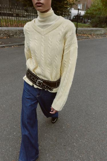PULL EN MAILLE DOUCE À CÂBLES - Jaune clair de Zara