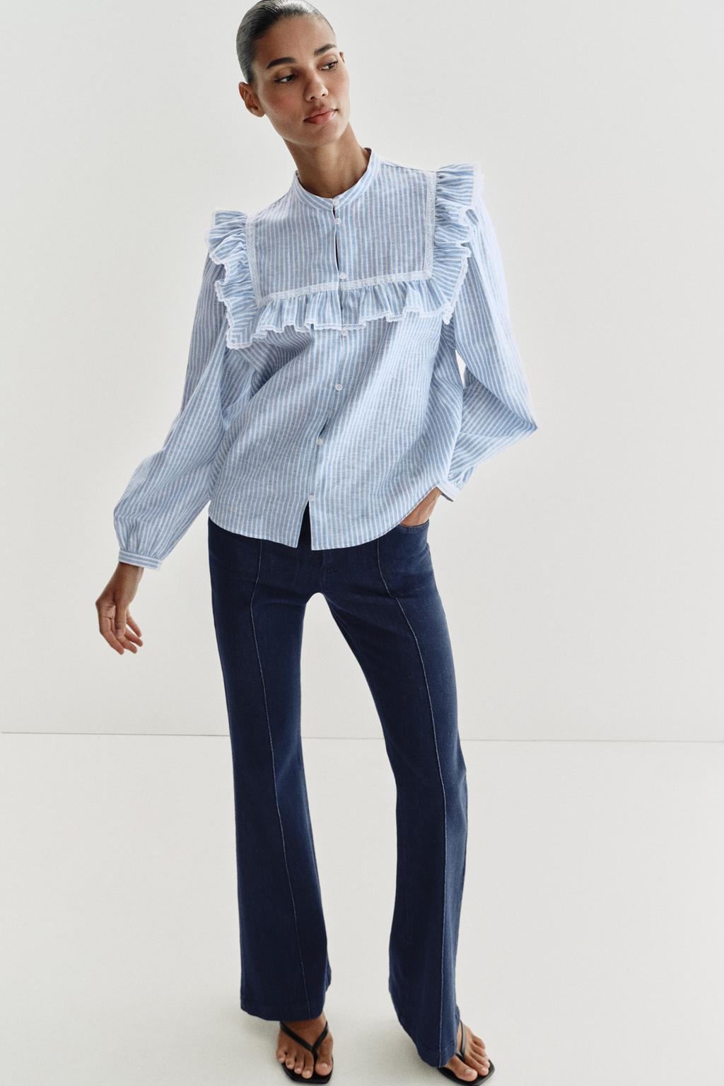 METALLIC THREAD RUFFLED STRIPED SHIRT