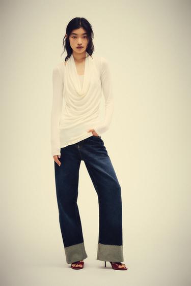 Zara Z1975 系列中腰翻摺褲腳桶型牛仔褲 - 藍色