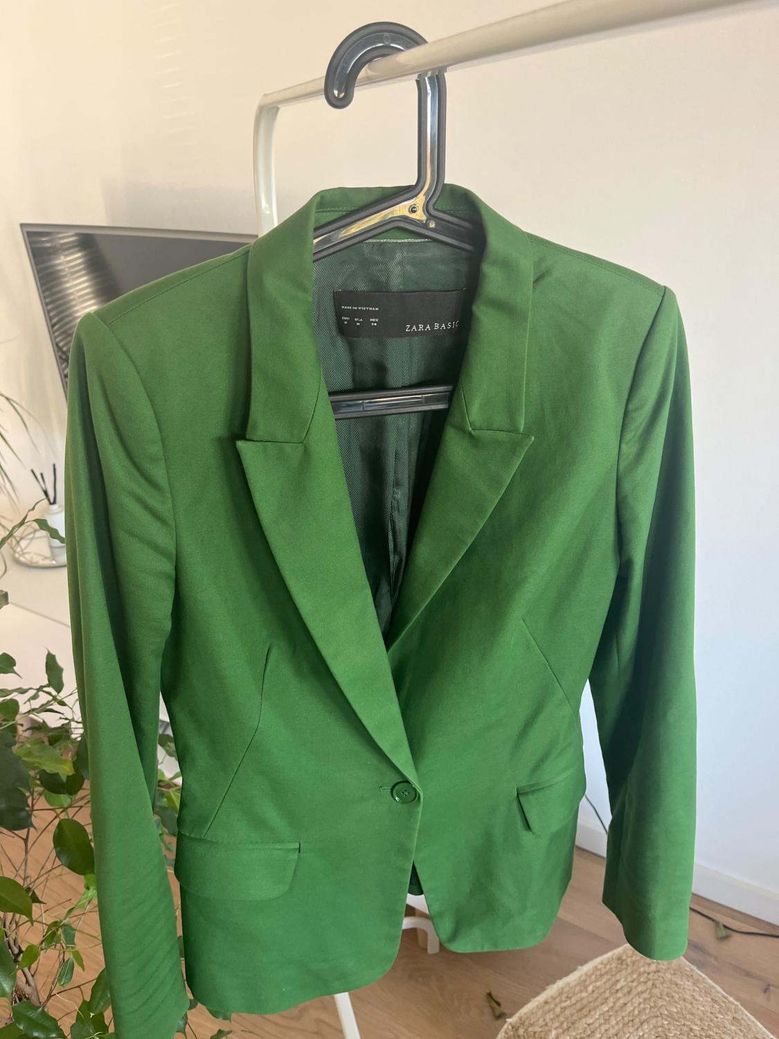 Green jacket hanging on a hanger inside a room. Visible tag: "ZARA BASIC". Background with plant and white furniture.