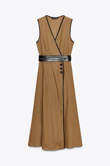 MIDI-KLEID MIT GÜRTEL AUS LEINEN - Toffeefarben von Zara