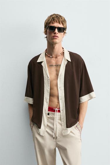 VISCOSE/LINEN COLOUR BLOCK SHIRT - Brown by Zara