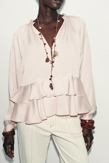 BLUZĂ CU VOLĂNAȘE - roz pudrat  de la Zara