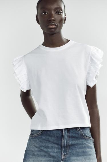 T-SHIRT MIT VOLANTS IN VERWASCHENER OPTIK - Weiß von Zara