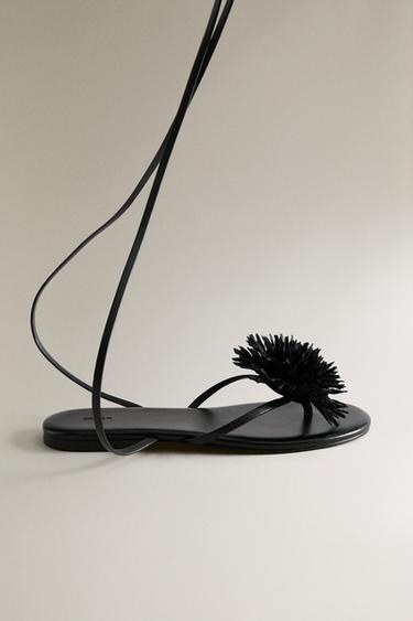 LEATHER SANDALS WITH FLOWER DETAIL - Black by Zara - Image 0