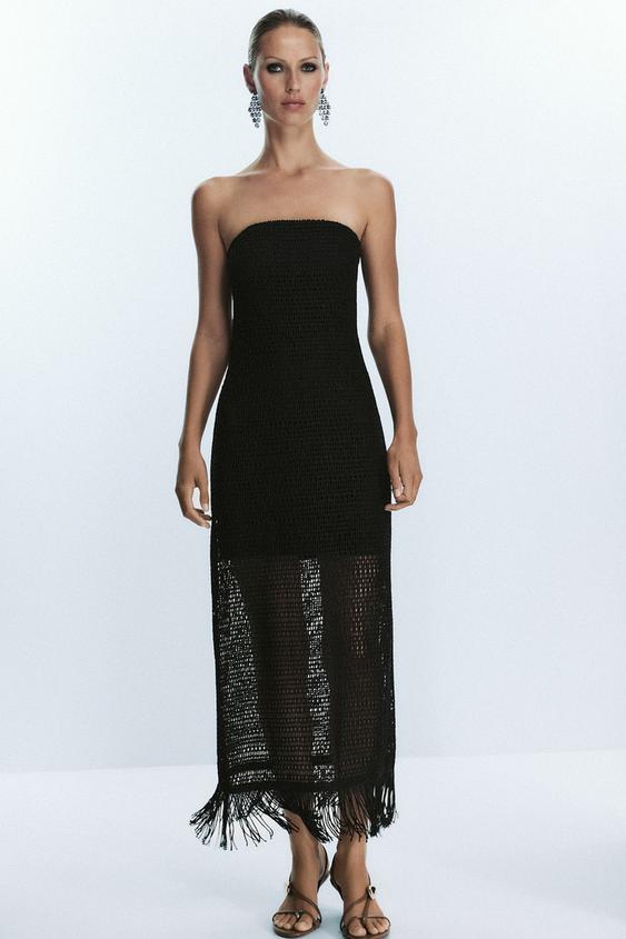 FRINGED STRAPLESS MIDI DRESS