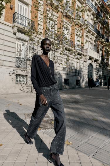 Zara Z1975 HIGH WAIST LOOSE STRAIGHT JEANS WITH SPARKLE - Black