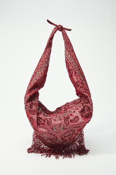 BOLSO TEJIDO ABALORIOS - Rojo Burdeos de Zara