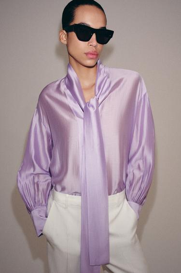 ZW COLLECTION SATIN SHIRT WITH TIES - Purple by Zara