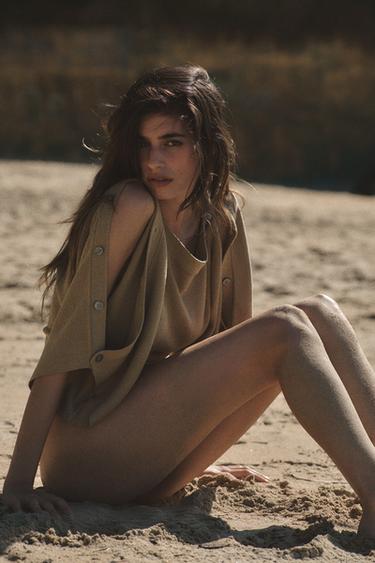 Zara BUTTONED CAPE SLEEVE KNIT JUMPER - Light beige