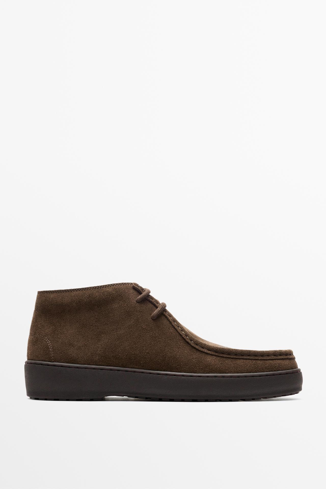 Split suede leather moc toe ankle shoe — taupe brown