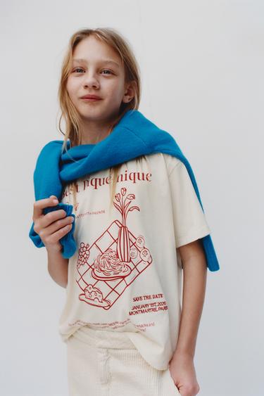 Zara EMBROIDERED AND TEXT T-SHIRT - Ecru