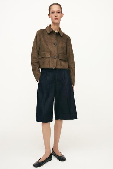 Zara Z1975 LONG PLEATED DENIM SHORTS - Blue