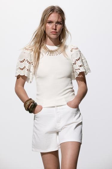 CAMISETA COM MANGAS BORDADAS - Branco da Zara