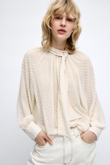 DOTTED MESH SHIRT WITH BOW - Ecru by Zara