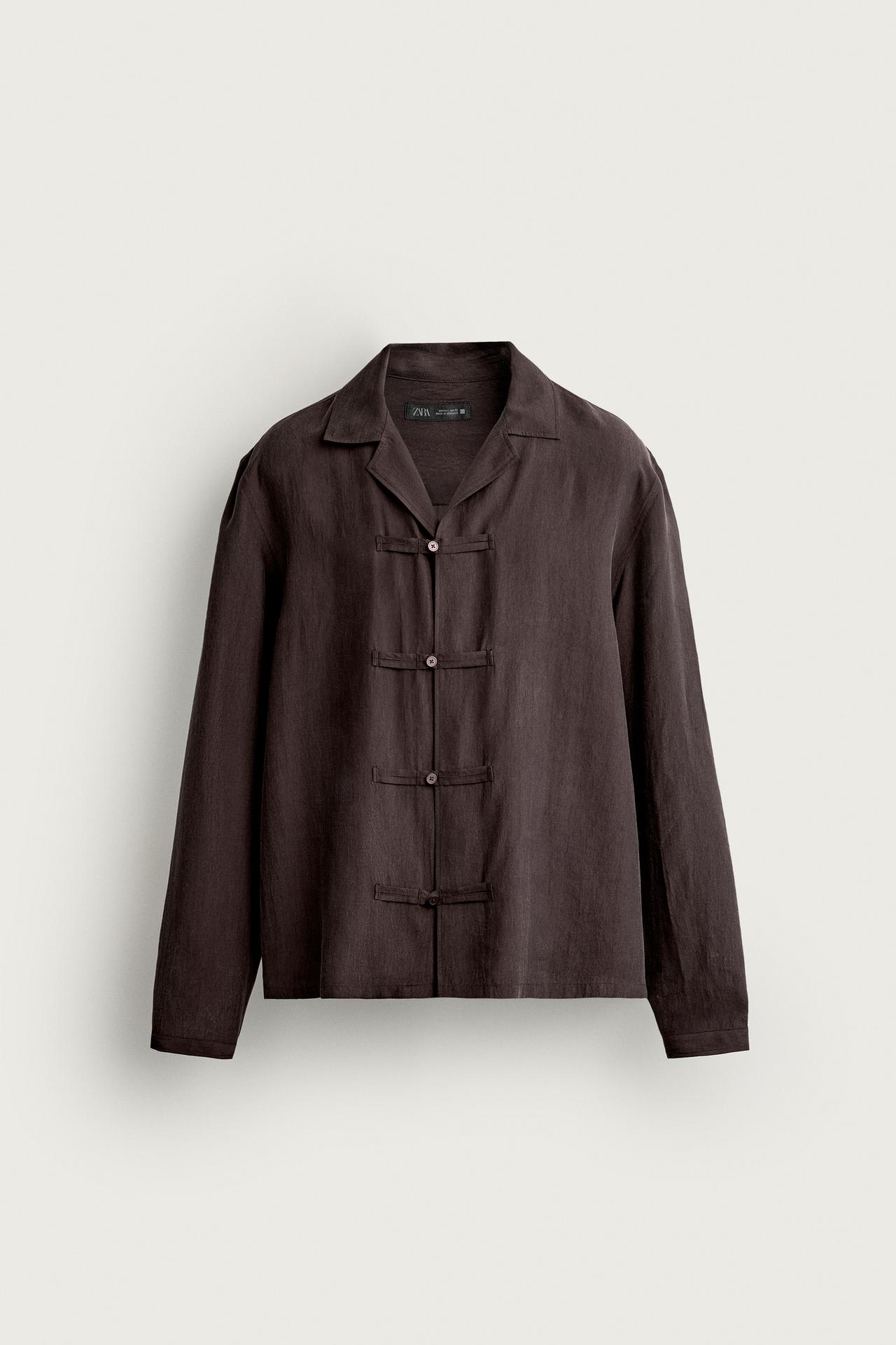 FLUID SHIRT WITH FROG FASTENING — Brown