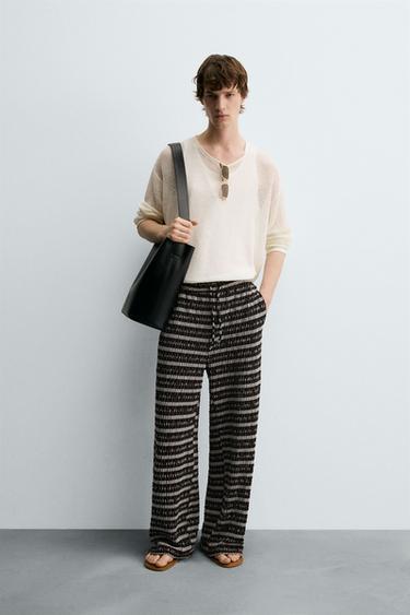 Zara JACQUARD KNIT PANTS - Ecru / Brown