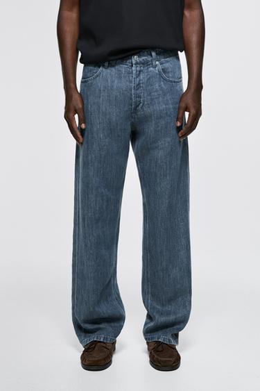 Jeans wide fit 100% lino - Azul de Zara