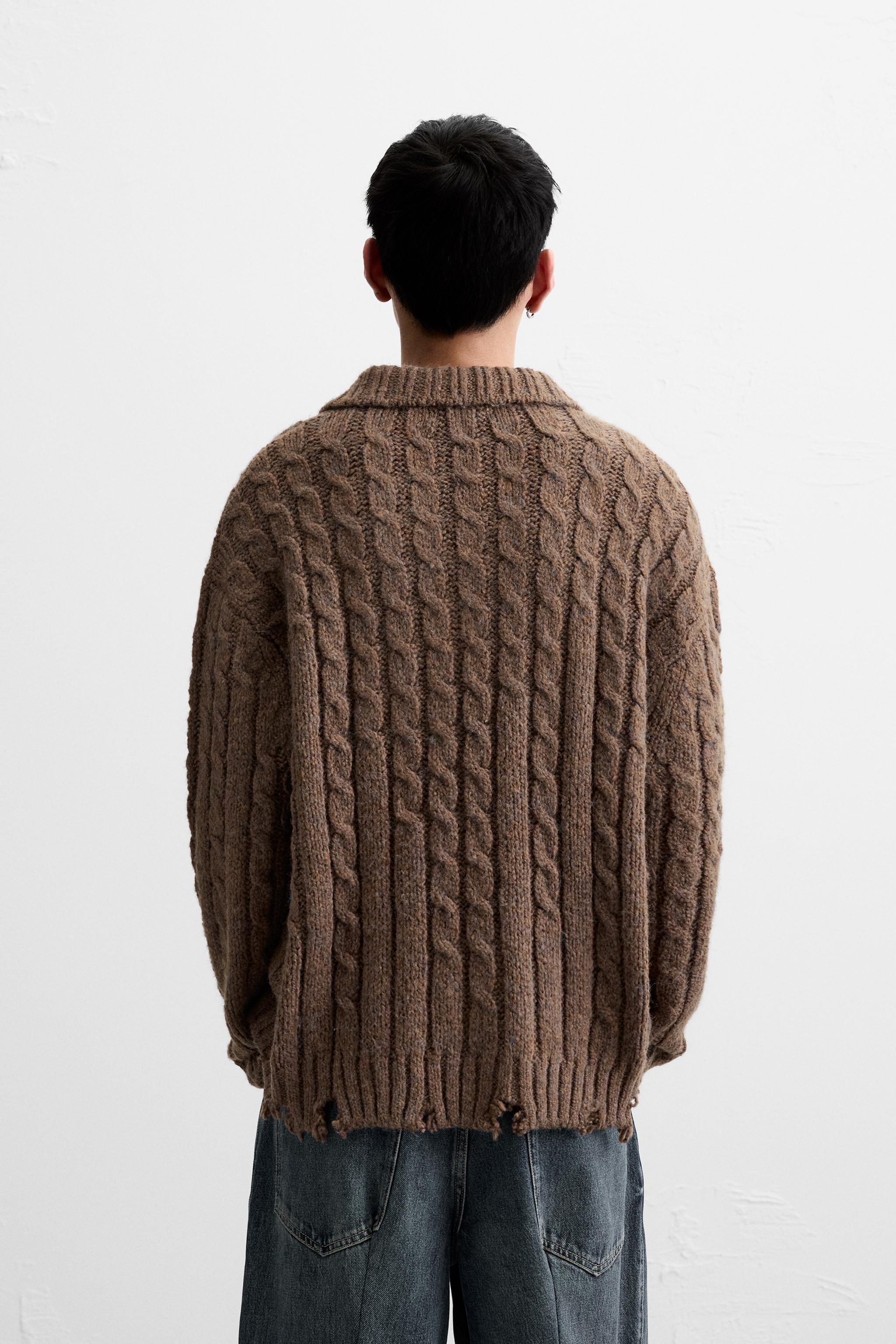 FRAYED EFFECT CABLE KNIT POLO - Brown | ZARA United States
