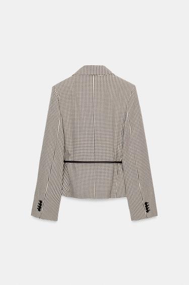 GINGHAM CHECK CROPPED BLAZER WITH BELT - Ecru / Black by Zara - Image 6