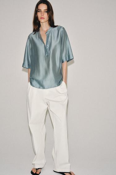 ZW COLLECTION FLOWING SHORT SLEEVE BLOUSE - Blue grey by Zara