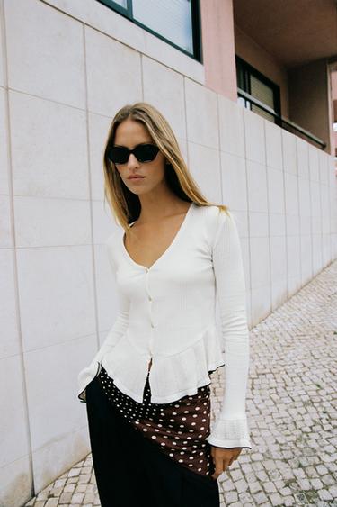 SOFT CARDIGAN WITH RUFFLE TRIMS - Oyster-white by Zara