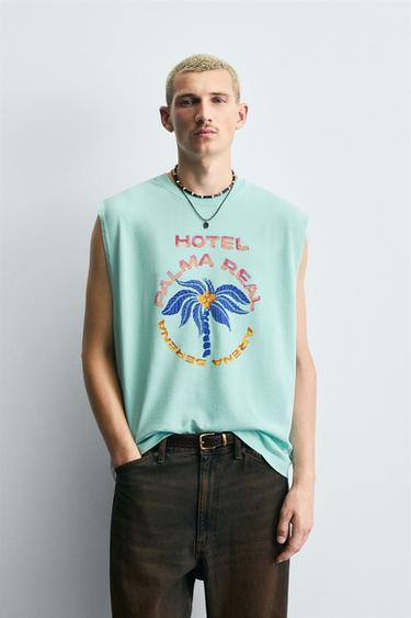 Zara PALM TREE PRINT TANK TOP - Light green