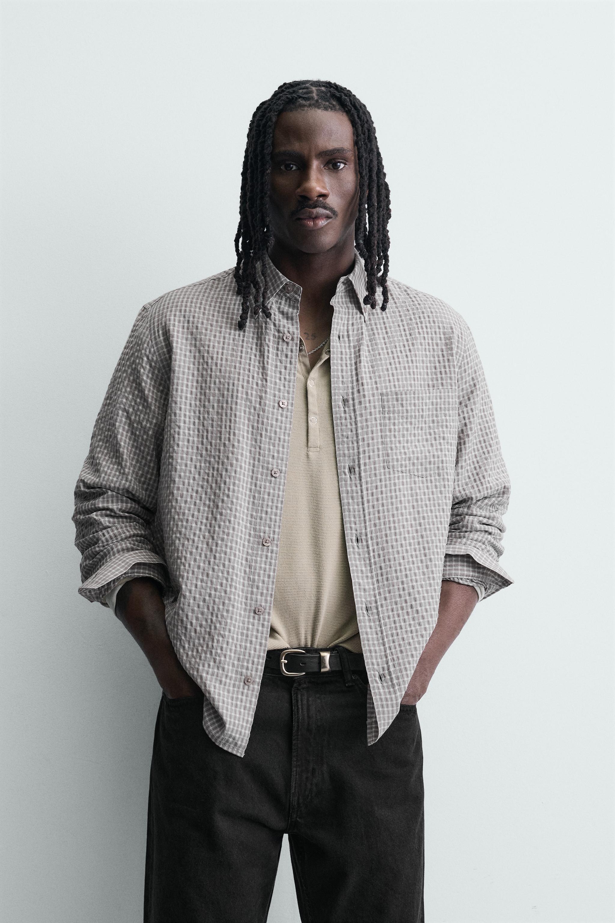 TEXTURED CHECK SHIRT — White / Maroon